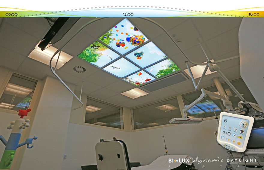 Plafondverbeelding met dynamisch daglicht. BI-LUX Dynamic Daylight System. Healing environement, Evidence based design for welbeing. Helende natuur.