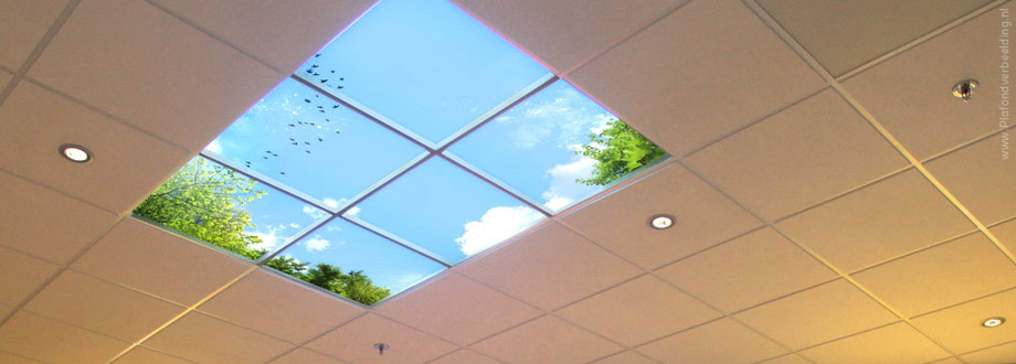 Plafond met wolkenlucht, verlichting, geluid en geuren ontspant.