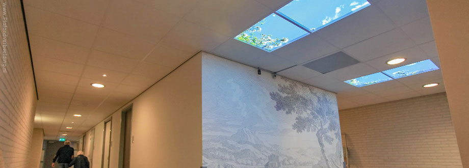Woon-zorginstelling met natuurfoto's aan de muur en verlichte wolkenfoto's aan het plafond.